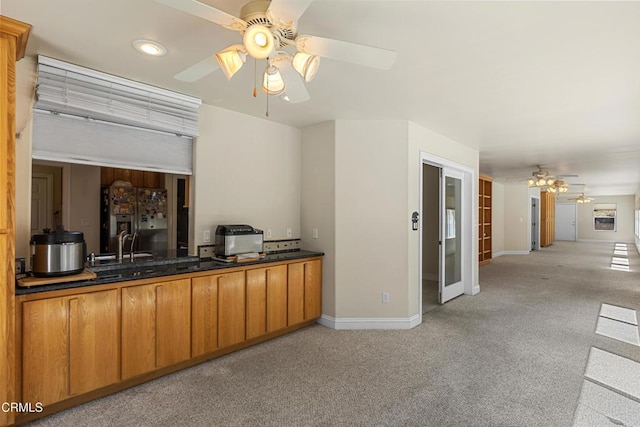 30100 Sunland Way, Tehachapi, CA 93561 - bar featuring a ceiling fan, fridge with ice dispenser, light colored carpet, and recessed lighting