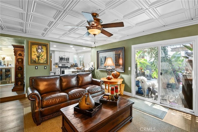1943 Horseshoe Cir, Placentia, CA 92870 - living area with a ceiling fan, wood finished floors, an ornate ceiling, and recessed lighting