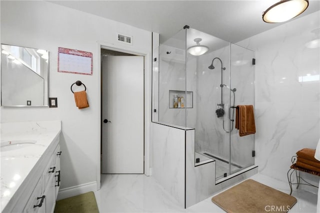 1943 Horseshoe Cir, Placentia, CA 92870 - full bath featuring vanity, a marble finish shower, and marble finish flooring