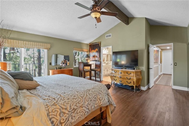 1943 Horseshoe Cir, Placentia, CA 92870 - bedroom featuring wood finished floors, a textured ceiling, beam ceiling, access to exterior, and a ceiling fan