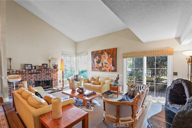 1943 Horseshoe Cir, Placentia, CA 92870 - living room with a textured ceiling, a fireplace, lofted ceiling, and wood finished floors