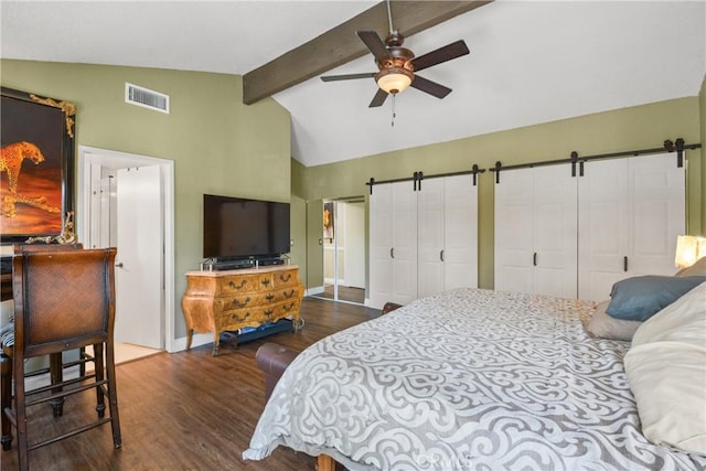 1943 Horseshoe Cir, Placentia, CA 92870 - bedroom featuring a barn door, beam ceiling, wood finished floors, high vaulted ceiling, and ceiling fan