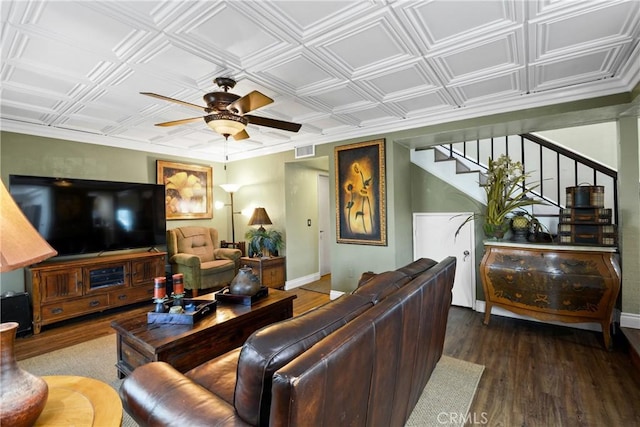 1943 Horseshoe Cir, Placentia, CA 92870 - living room featuring a ceiling fan, wood finished floors, stairs, an ornate ceiling, and ornamental molding