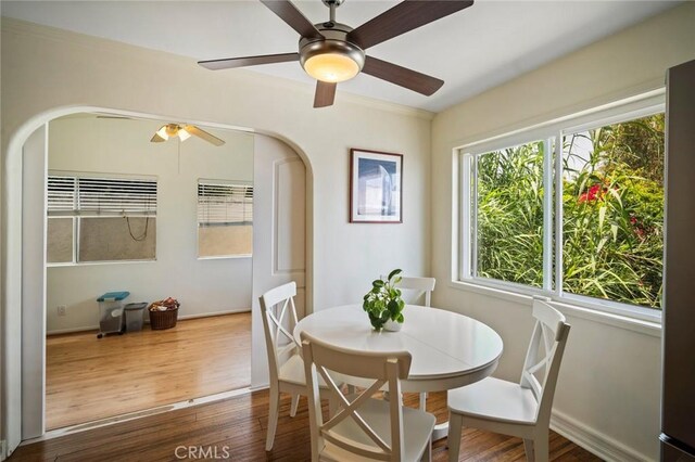 1413 Avenida De La Estrella, San Clemente, CA 92672 - dining space with wood finished floors, ceiling fan, and arched walkways
