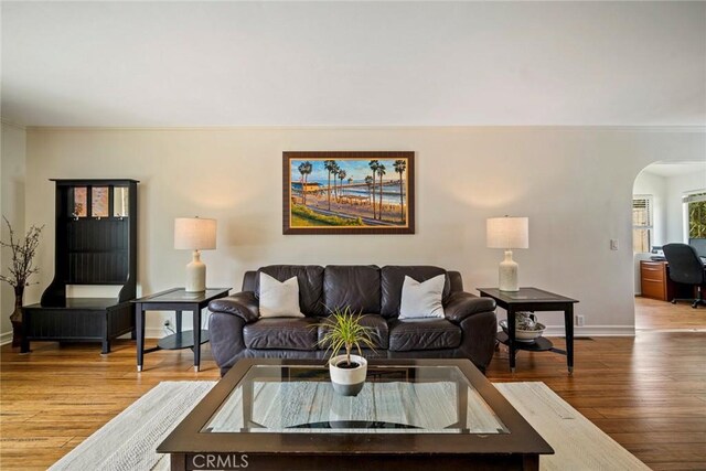 1413 Avenida De La Estrella, San Clemente, CA 92672 - living area with arched walkways, wood finished floors, and crown molding