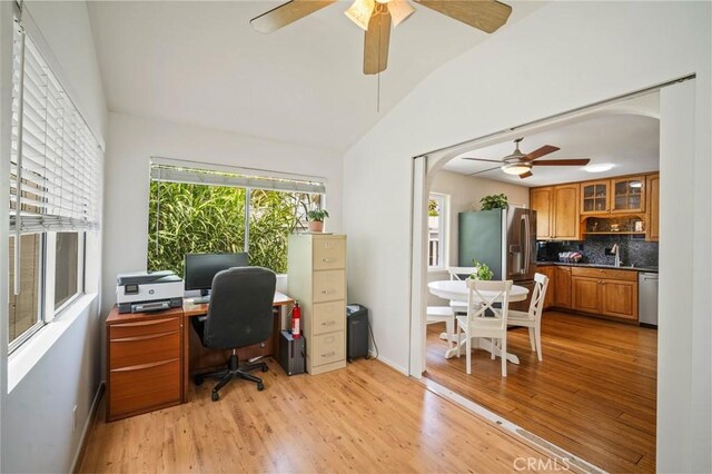 1413 Avenida De La Estrella, San Clemente, CA 92672 - office area with ceiling fan, arched walkways, lofted ceiling, and light wood-style floors