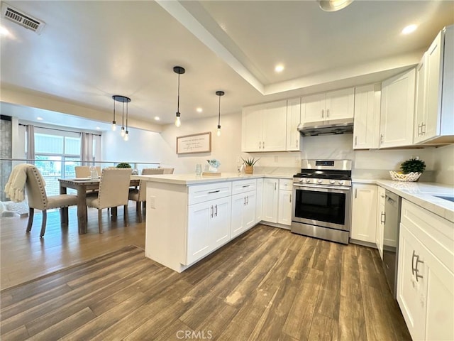 4723 La Villa Marina Unit F, Marina Del Rey, CA 90292 - kitchen featuring appliances with stainless steel finishes, under cabinet range hood, a peninsula, dark wood-style flooring, and recessed lighting