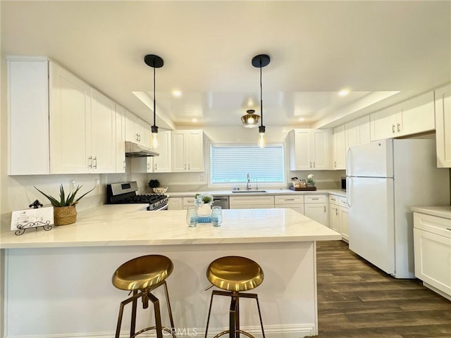 4723 La Villa Marina Unit F, Marina Del Rey, CA 90292 - kitchen featuring appliances with stainless steel finishes, a peninsula, under cabinet range hood, dark wood finished floors, and white cabinets