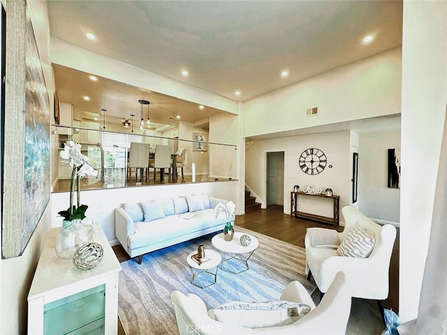 4723 La Villa Marina Unit F, Marina Del Rey, CA 90292 - living room featuring stairs, wood finished floors, and recessed lighting