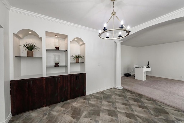 522 Garfield St, Oceanside, CA 92054 - unfurnished dining area with ornamental molding, built in shelves, a chandelier, and decorative columns