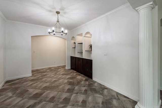 522 Garfield St, Oceanside, CA 92054 - unfurnished dining area with arched walkways, decorative columns, a chandelier, and ornamental molding