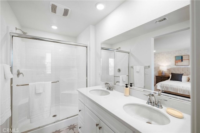 3957 E Huntington St, Ontario, CA 91761 - bathroom with ensuite bath, a shower stall, double vanity, and recessed lighting