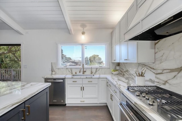 2103 Benson Ave, Cambria, CA 93428 - kitchen featuring appliances with stainless steel finishes, custom range hood, backsplash, beam ceiling, and light stone counters