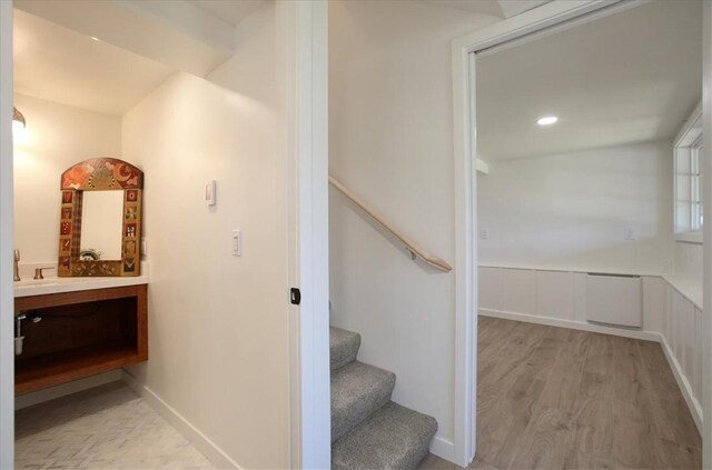 2103 Benson Ave, Cambria, CA 93428 - stairway featuring wood finished floors and recessed lighting