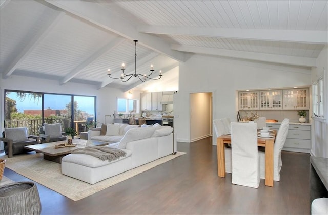 2103 Benson Ave, Cambria, CA 93428 - living area featuring a chandelier, dark wood-style flooring, beamed ceiling, and high vaulted ceiling
