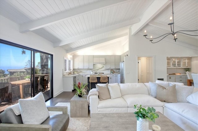 2103 Benson Ave, Cambria, CA 93428 - living area with dark wood-style floors, a chandelier, high vaulted ceiling, and a wood ceiling with exposed beams