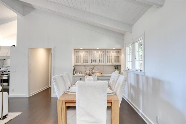 2103 Benson Ave, Cambria, CA 93428 - dining space with dark wood-type flooring, beam ceiling, and high vaulted ceiling
