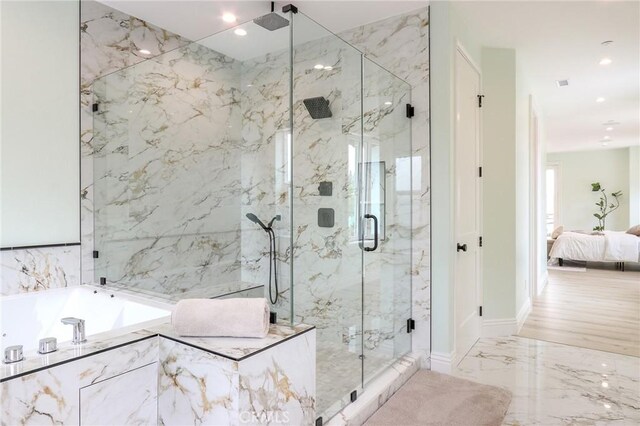 3264 E Holt Ave, West Covina, CA 91791 - full bathroom featuring marble tiled flooring, a marble finish shower, a garden tub, connected bathroom, and recessed lighting