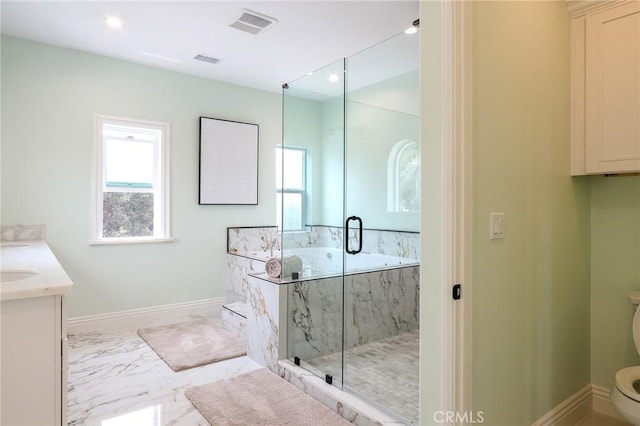 3264 E Holt Ave, West Covina, CA 91791 - bathroom featuring a marble finish shower, vanity, marble finish flooring, a tub with marble appearance, and recessed lighting