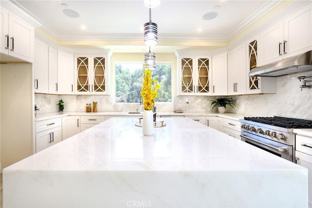 3264 E Holt Ave, West Covina, CA 91791 - kitchen with high end stainless steel range, glass insert cabinets, under cabinet range hood, decorative backsplash, and ornamental molding