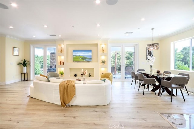 3264 E Holt Ave, West Covina, CA 91791 - living room featuring crown molding, light wood-style flooring, and recessed lighting