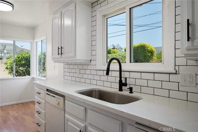 2458 W Marian Ave, Anaheim, CA 92804 - kitchen with dishwasher, backsplash, light wood-style flooring, and white cabinetry