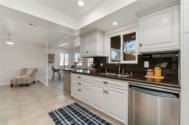 2041 Caballeros Rd, Norco, CA 92860 - kitchen featuring stainless steel dishwasher, tasteful backsplash, white cabinetry, a ceiling fan, and light tile patterned floors