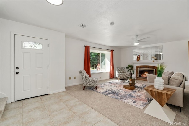 2041 Caballeros Rd, Norco, CA 92860 - living room with carpet floors, ceiling fan, and a fireplace