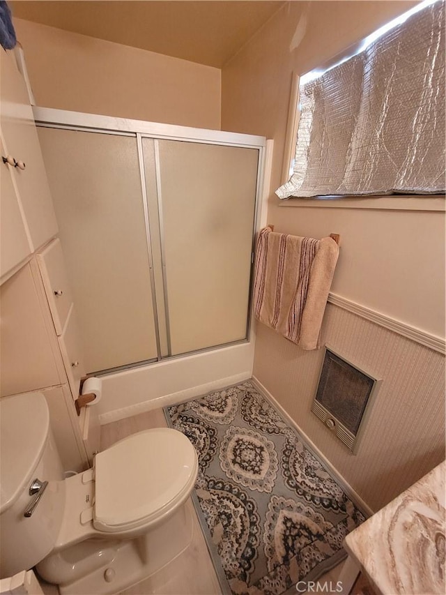 5566 Oleta Rd, Landers, CA 92285 - bathroom featuring an enclosed shower and a wainscoted wall