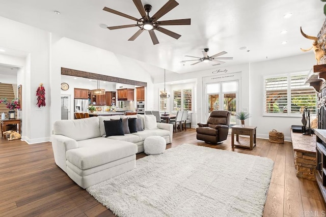 10166 Rancho Roble Rd, Escondido, CA 92026 - living room featuring a ceiling fan, wood-type flooring, and recessed lighting