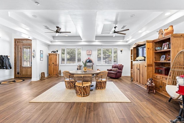 10166 Rancho Roble Rd, Escondido, CA 92026 - dining room with a raised ceiling, hardwood / wood-style floors, a ceiling fan, and recessed lighting