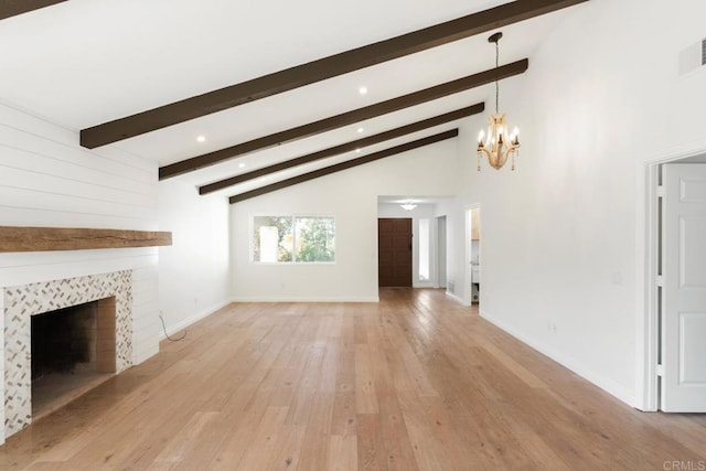 13837 Tam O Shanter Ct, Poway, CA 92064 - unfurnished living room featuring a large fireplace, light wood-style flooring, a chandelier, and recessed lighting