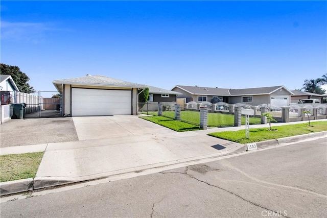 1593 W Carter St, Bloomington, CA 92316 - ranch-style home featuring a fenced front yard, driveway, a residential view, a gate, and a garage