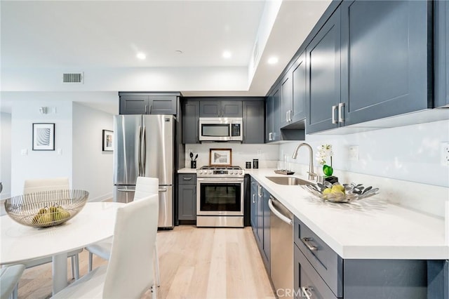 137 S Wilson Ave Unit 107, Pasadena, CA 91106 - kitchen featuring stainless steel appliances, light wood-type flooring, light countertops, recessed lighting, and gray cabinetry