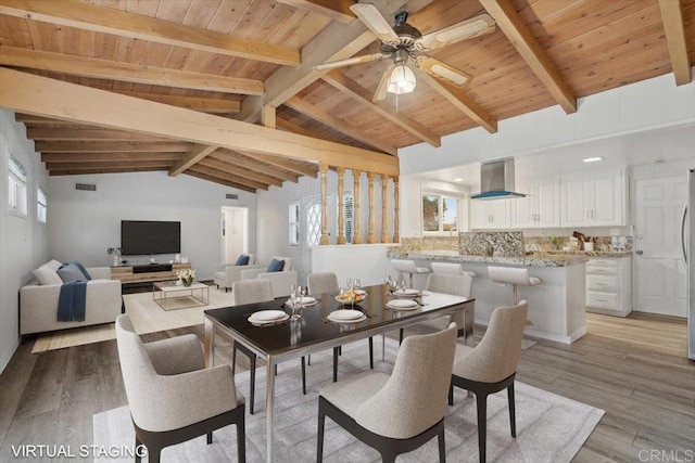 8123 Palm St, Lemon Grove, CA 91945 - dining room with wooden ceiling, light wood finished floors, healthy amount of natural light, and ceiling fan