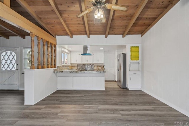 8123 Palm St, Lemon Grove, CA 91945 - kitchen featuring freestanding refrigerator, wall chimney range hood, wood ceiling, a peninsula, and ceiling fan