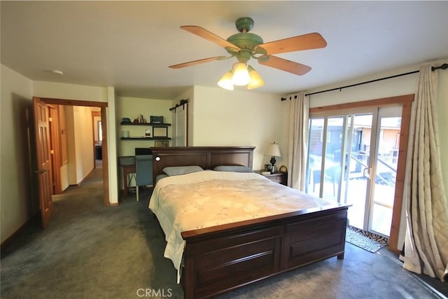 32383 Pine Manor Ln Unit 634, Running Springs, CA 92382 - bedroom featuring access to outside, dark colored carpet, and ceiling fan