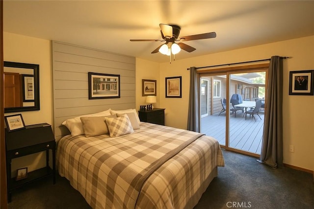 32383 Pine Manor Ln Unit 634, Running Springs, CA 92382 - bedroom with access to outside, dark colored carpet, and ceiling fan