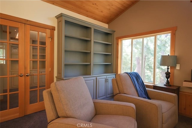 32383 Pine Manor Ln Unit 634, Running Springs, CA 92382 - sitting room with healthy amount of natural light, lofted ceiling, wood ceiling, carpet flooring, and french doors