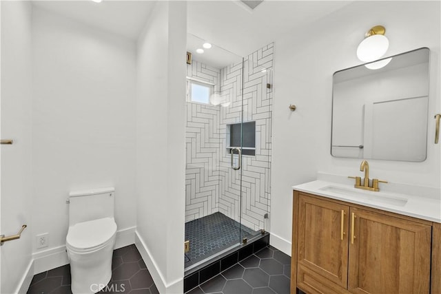 19548 Cedarcreek St, Canyon Country, CA 91351 - bathroom with a stall shower, vanity, tile patterned floors, and recessed lighting