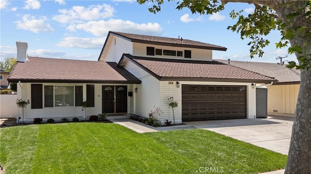 19548 Cedarcreek St, Canyon Country, CA 91351 - view of front of home with driveway, an attached garage, a front yard, and a chimney