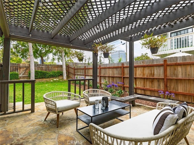 502 Washington St, El Segundo, CA 90245 - fenced backyard with a pergola, a patio, and an outdoor hangout area