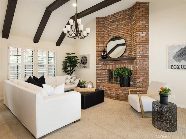 502 Washington St, El Segundo, CA 90245 - carpeted living room featuring beamed ceiling, a chandelier, high vaulted ceiling, and a brick fireplace