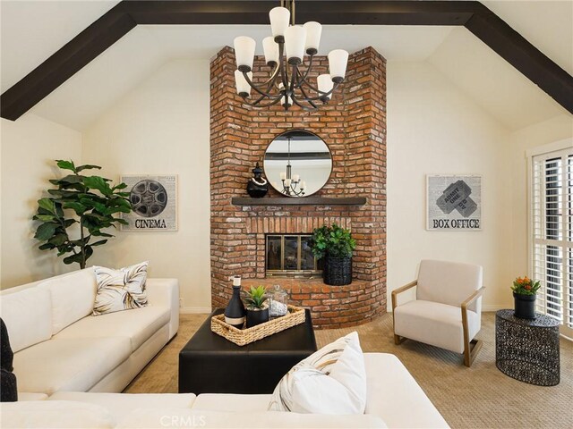 502 Washington St, El Segundo, CA 90245 - carpeted living room featuring a chandelier, high vaulted ceiling, beamed ceiling, and a fireplace