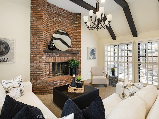502 Washington St, El Segundo, CA 90245 - living room with a chandelier, beamed ceiling, plenty of natural light, a fireplace, and high vaulted ceiling