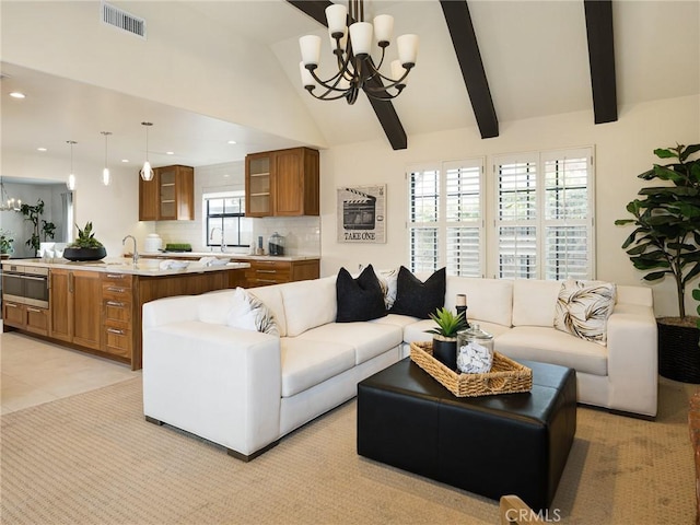 502 Washington St, El Segundo, CA 90245 - living room featuring a chandelier, beamed ceiling, high vaulted ceiling, and recessed lighting