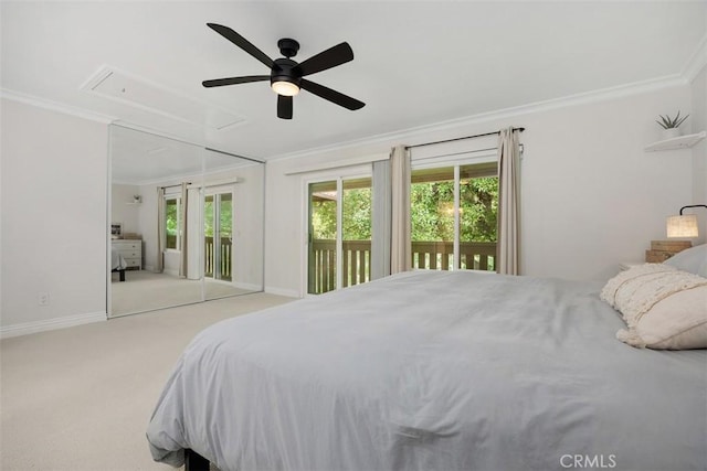 2811 Via Topacio, Carlsbad, CA 92010 - carpeted bedroom featuring attic access, access to outside, crown molding, and a ceiling fan