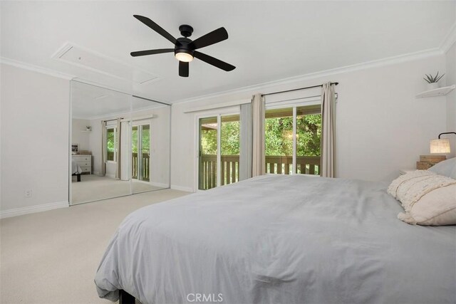 2811 Via Topacio, Carlsbad, CA 92010 - bedroom featuring attic access, access to exterior, crown molding, carpet, and ceiling fan