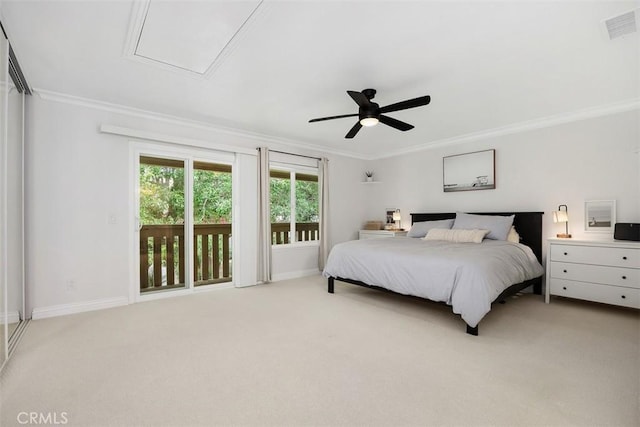 2811 Via Topacio, Carlsbad, CA 92010 - bedroom with crown molding, light colored carpet, attic access, a ceiling fan, and access to outside