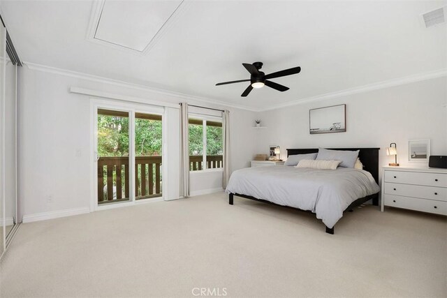 2811 Via Topacio, Carlsbad, CA 92010 - bedroom with crown molding, light colored carpet, attic access, ceiling fan, and access to outside
